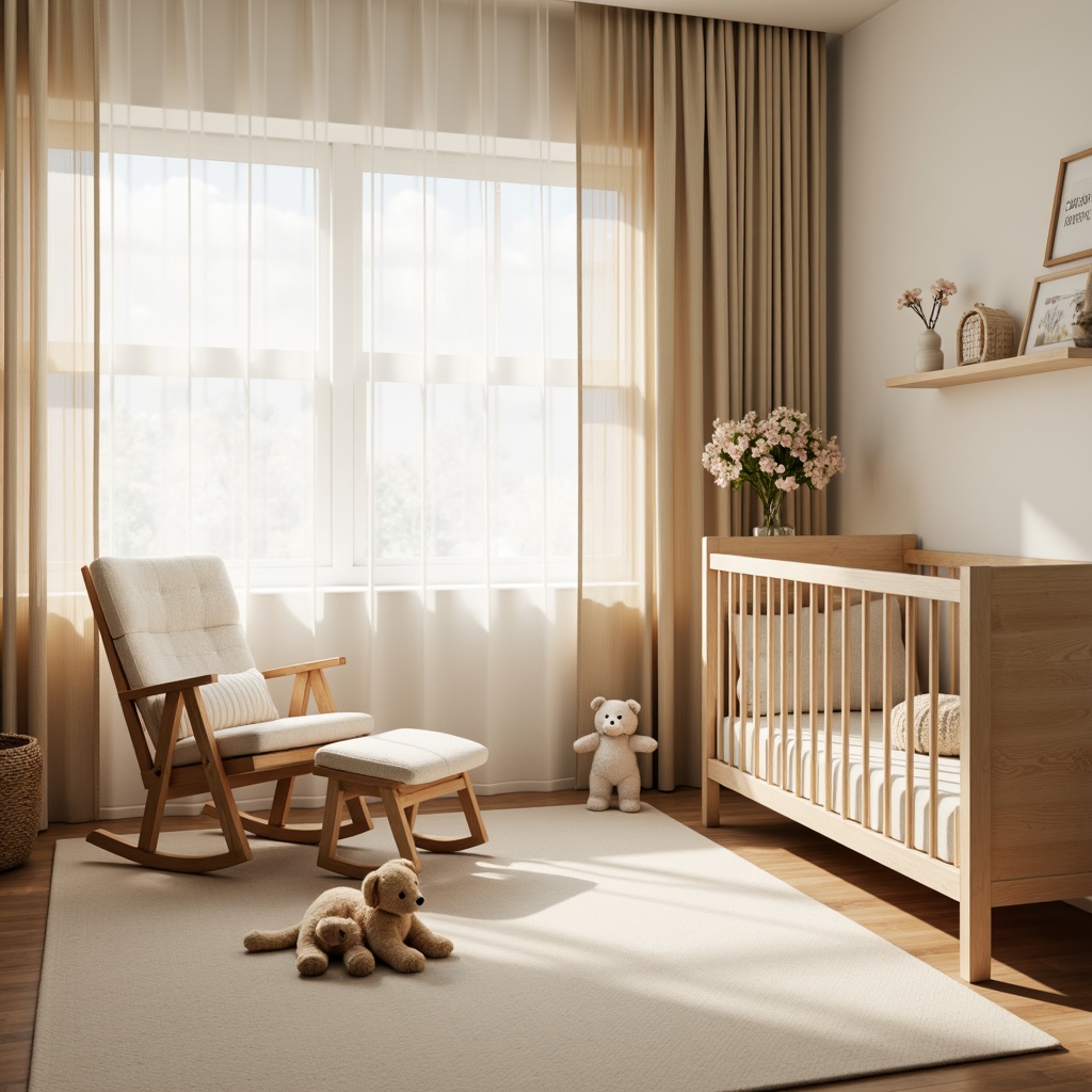 Prompt: Cozy nursery, soft pastel colors, gentle lighting, plush toys, comfortable glider, wooden crib, natural fabric curtains, minimalist decor, warm beige walls, creamy white furniture, delicate patterns, subtle textures, calm atmosphere, peaceful ambiance, shallow depth of field, 1/2 composition, intimate view, realistic rendering.