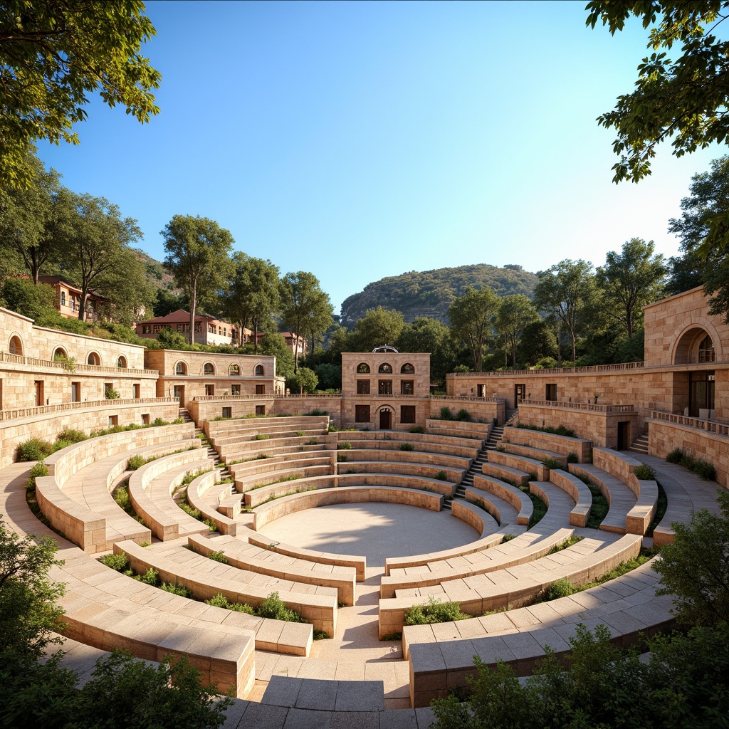 Prompt: Vibrant amphitheater, curved seating, grandiose scale, natural stone walls, warm beige tones, earthy brown accents, soft greenery, lush vegetation, blue sky above, sunny day, gentle warm lighting, shallow depth of field, 3/4 composition, panoramic view, realistic textures, ambient occlusion.