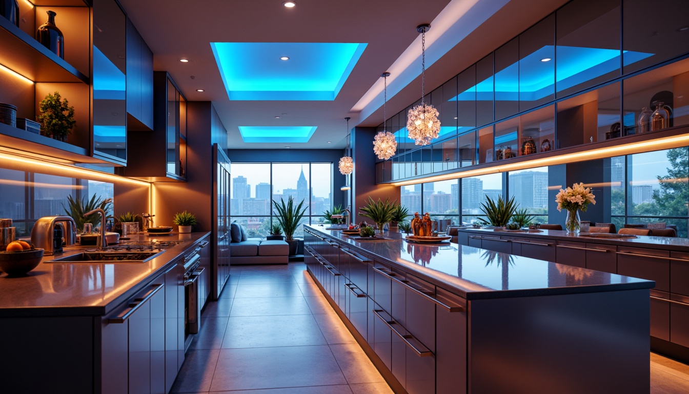 Prompt: Futuristic kitchen space, sleek metallic cabinets, glossy countertops, ambient LED lighting, color-changing ceiling lights, minimalist island designs, polished chrome fixtures, touchless faucets, smart home automation systems, voice-controlled appliances, high-gloss flooring, reflective surfaces, neon-lit shelves, 3D-printed decorative elements, holographic displays, crystal-like chandeliers, soft warm glow, shallow depth of field, cinematic composition, hyper-realistic rendering.