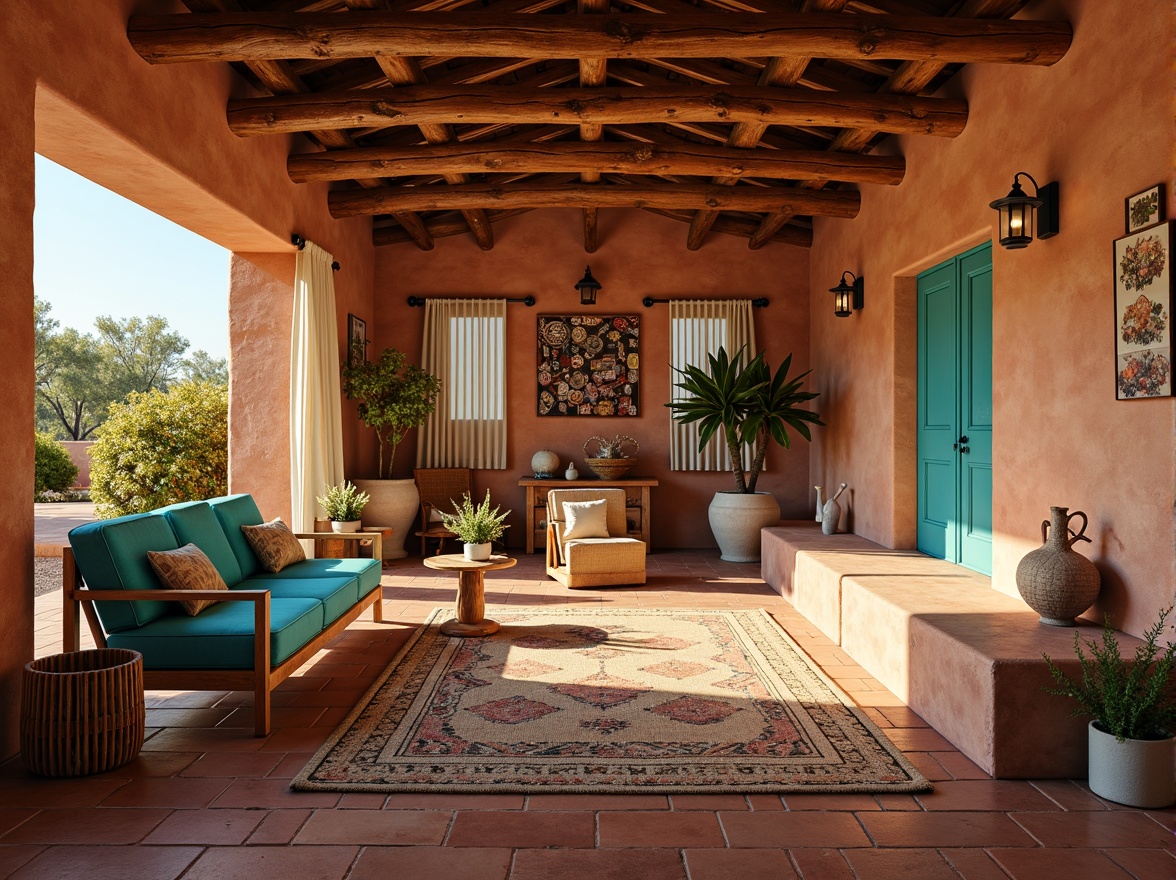 Prompt: \Southwestern-style interior, terracotta flooring, earthy tones, geometric patterns, natural stone accents, rustic wooden beams, adobe-inspired walls, vibrant turquoise hues, woven textiles, tribal-print rugs, desert botanicals, warm golden lighting, shallow depth of field, 1/1 composition, realistic textures, ambient occlusion.\