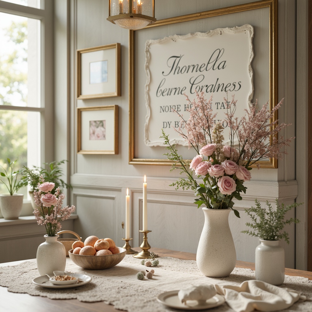 Prompt: Soft creamy whites, warm beige tones, distressed wood accents, vintage pastel hues, pale pink florals, muted sage greens, weathered metal patinas, linen textures, lace trims, ornate gold frames, delicate porcelain vases, faded velvet fabrics, subtle sparkle embellishments, whimsical script typography, romantic candlelight ambiance, airy natural light, 1/1 composition, shallow depth of field, warm soft focus.