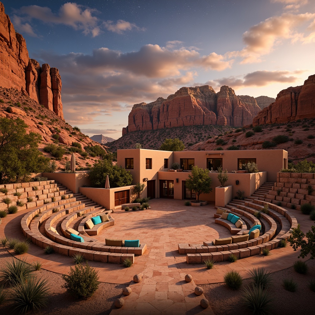 Prompt: Warm sandy amphitheater, Southwestern desert landscape, majestic rock formations, vibrant turquoise accents, rustic wooden seating, woven textiles, earthy terracotta tones, soft warm lighting, golden hour ambiance, dramatic sunset sky, starry night sky, subtle shadowing, 1/2 composition, natural stone walls, adobe-inspired architecture, curved lines, ornate metalwork, warm beige stonework, ambient occlusion, realistic rock textures.