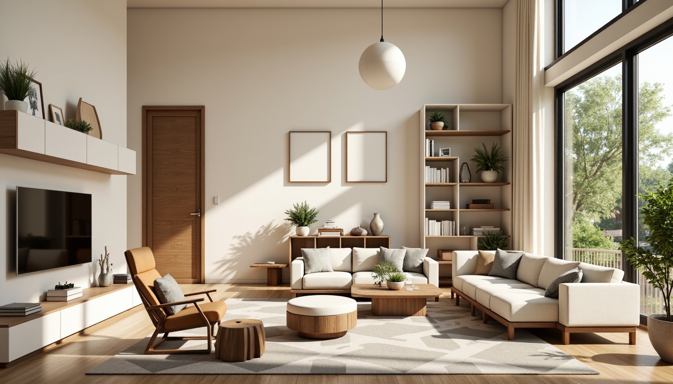 Prompt: Cozy living room, minimalist decor, sleek modern sofa, accent chairs, wooden coffee table, geometric-patterned rug, floor-to-ceiling windows, natural light pouring in, cream-colored walls, built-in shelving units, compact storage cabinets, multi-functional furniture pieces, space-saving solutions, ergonomic design, harmonious color scheme, warm ambient lighting, shallow depth of field, 1/2 composition, realistic textures, soft focus.