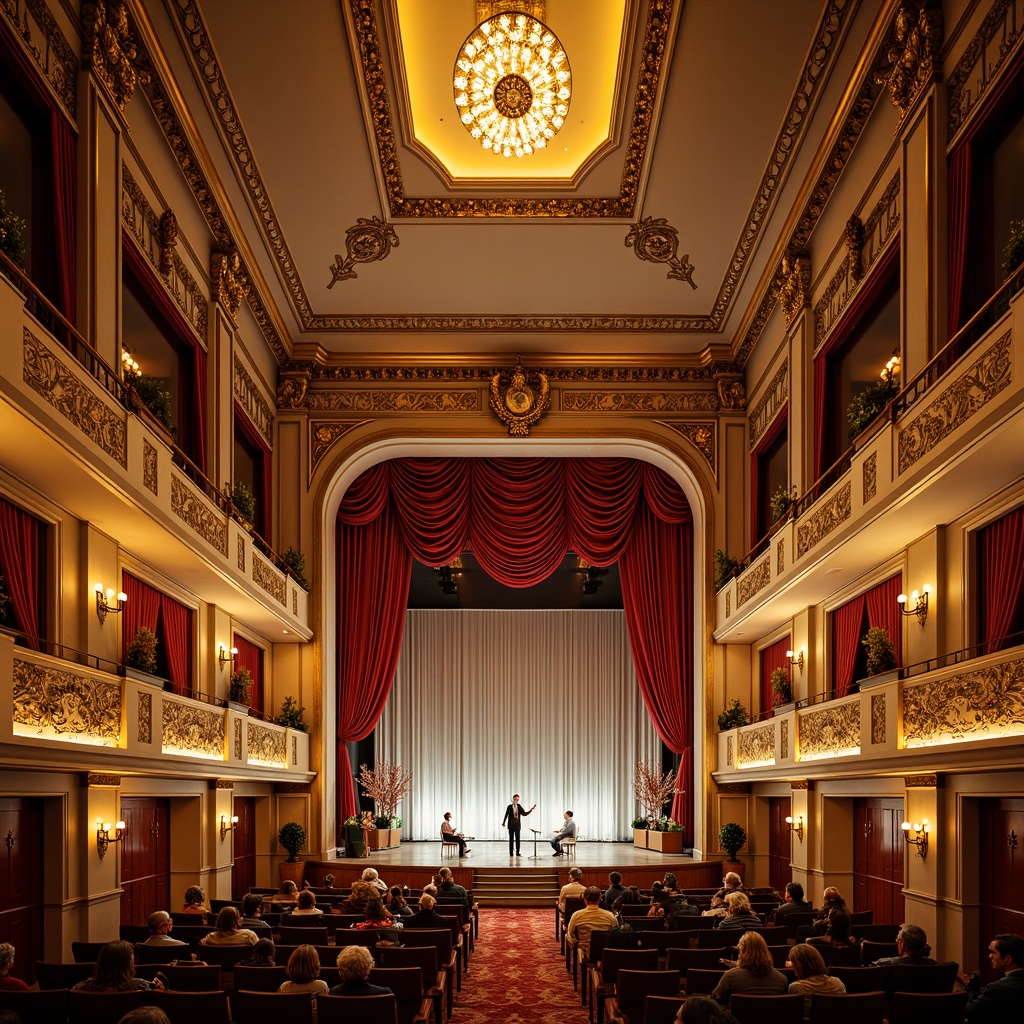 Prompt: Luxurious concert hall, ornate golden details, soft velvet drapes, rich wood tones, lavish chandeliers, intricate moldings, pastel hues, delicate florals, whimsical patterns, opulent fabrics, warm candlelight, intimate stage settings, Baroque-inspired architecture, grandiose ceilings, dramatic lighting effects, 1/2 composition, shallow depth of field, soft focus, elegant typography.