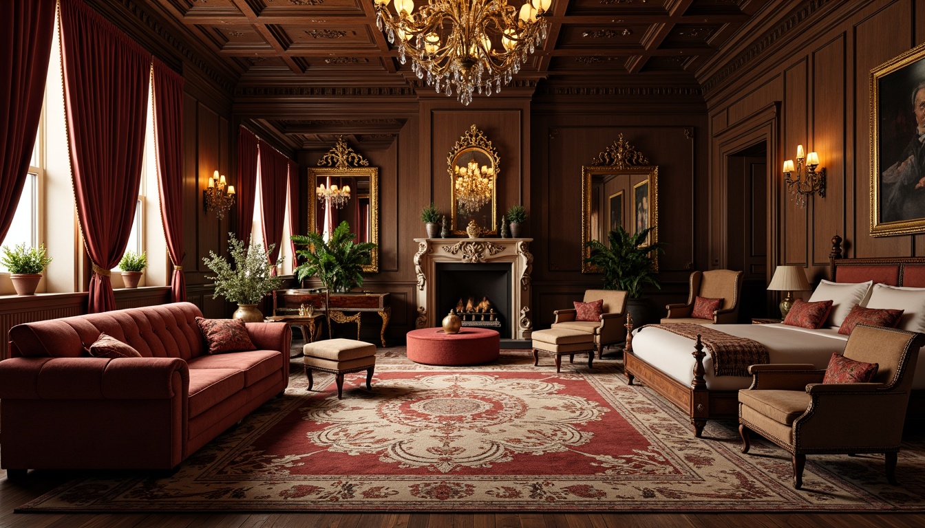 Prompt: Luxurious velvet sofas, intricately carved wooden armchairs, ornate mirrors, richly patterned rugs, heavy drapery, dark wood paneling, opulent chandeliers, grand pianos, ornamental fireplaces, lavish upholstery, tufted ottomans, intricately designed wallpapers, stately four-poster beds, majestic grandfather clocks, warm golden lighting, soft focus photography, 1/1 composition, shallow depth of field, atmospheric perspective.