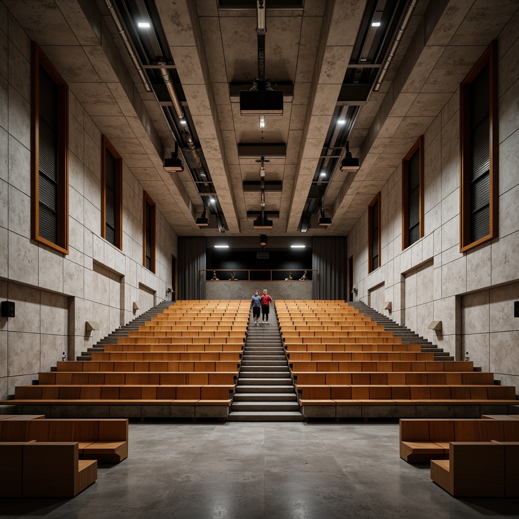 Prompt: Rough concrete walls, exposed ductwork, industrial lighting fixtures, brutalist architecture, wooden auditorium seats, steep tiered seating, minimalist decor, sound-absorbing acoustic panels, dark-stained wood accents, metal beams, raw concrete floor, dramatic high ceiling, natural ventilation systems, warm ambient lighting, 1/2 composition, shallow depth of field, realistic textures.