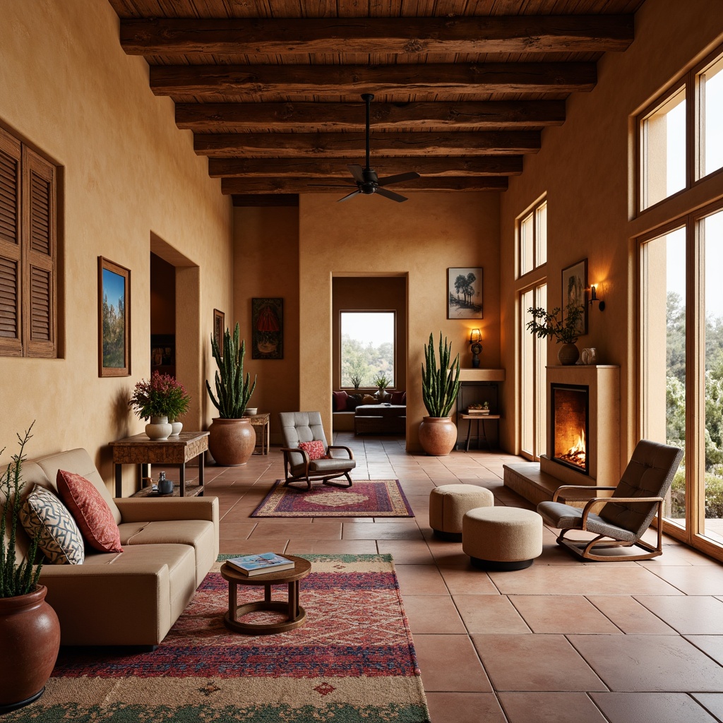 Prompt: Southwestern-style adobe buildings, earthy stucco walls, wooden vigas, rustic beam ceilings, colorful Talavera tiles, vibrant geometric patterns, woven textiles, natural fiber rugs, leather upholstery, wrought iron fixtures, clay pottery vases, cactus plants, warm terracotta floors, soft ambient lighting, cozy fireplaces, spacious open-plan living areas, large windows with desert views, wooden shutters, distressed wood accents, earth-toned color palette, organic shapes, minimalist decor.