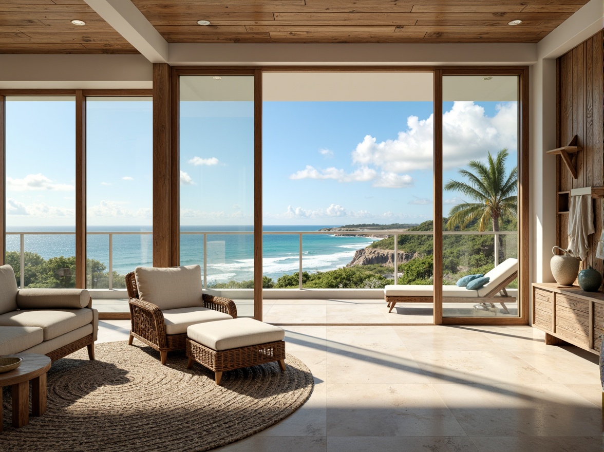 Prompt: Coastal themed room, beachy vibe, driftwood furniture, sea salt air, ocean views, large windows, sliding glass doors, natural light, sandy beige flooring, textured wood planks, weathered wood accents, nautical rope details, coral inspired patterns, soft blue-green color palette, calming ambiance, rustic chic decor, distressed finishes, woven sea grass rugs, shells and pebbles embellishments, sunny day, warm soft lighting, shallow depth of field, 1/1 composition.