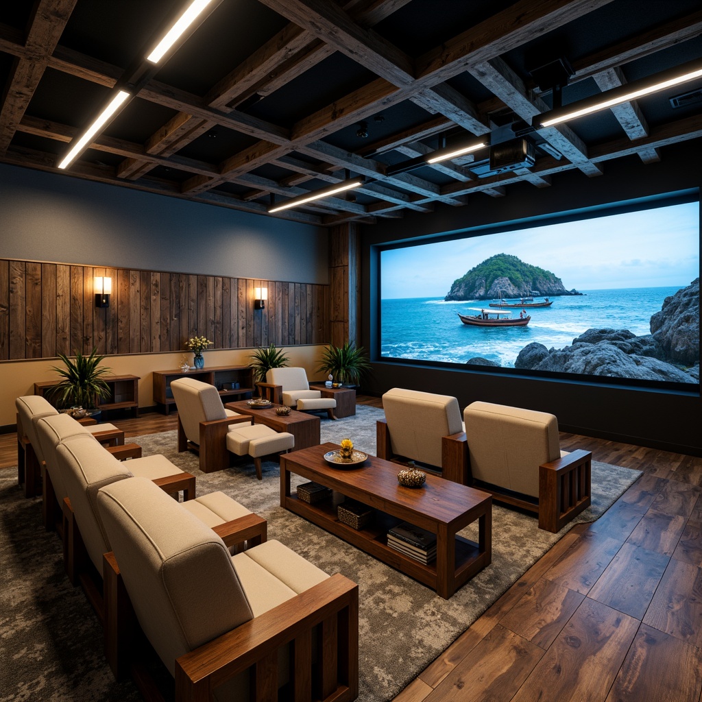 Prompt: Coastal-themed cinema, driftwood accents, ocean-inspired colors, plush comfortable seating, reclining chairs, soft cushions, wooden armrests, nautical rope details, vintage sailing elements, distressed wood flooring, rustic metal frames, warm ambient lighting, subtle wave patterns, calming blue hues, serene ocean views, cinematic screens, state-of-the-art sound systems, immersive audio experiences, 3/4 composition, shallow depth of field, realistic textures.