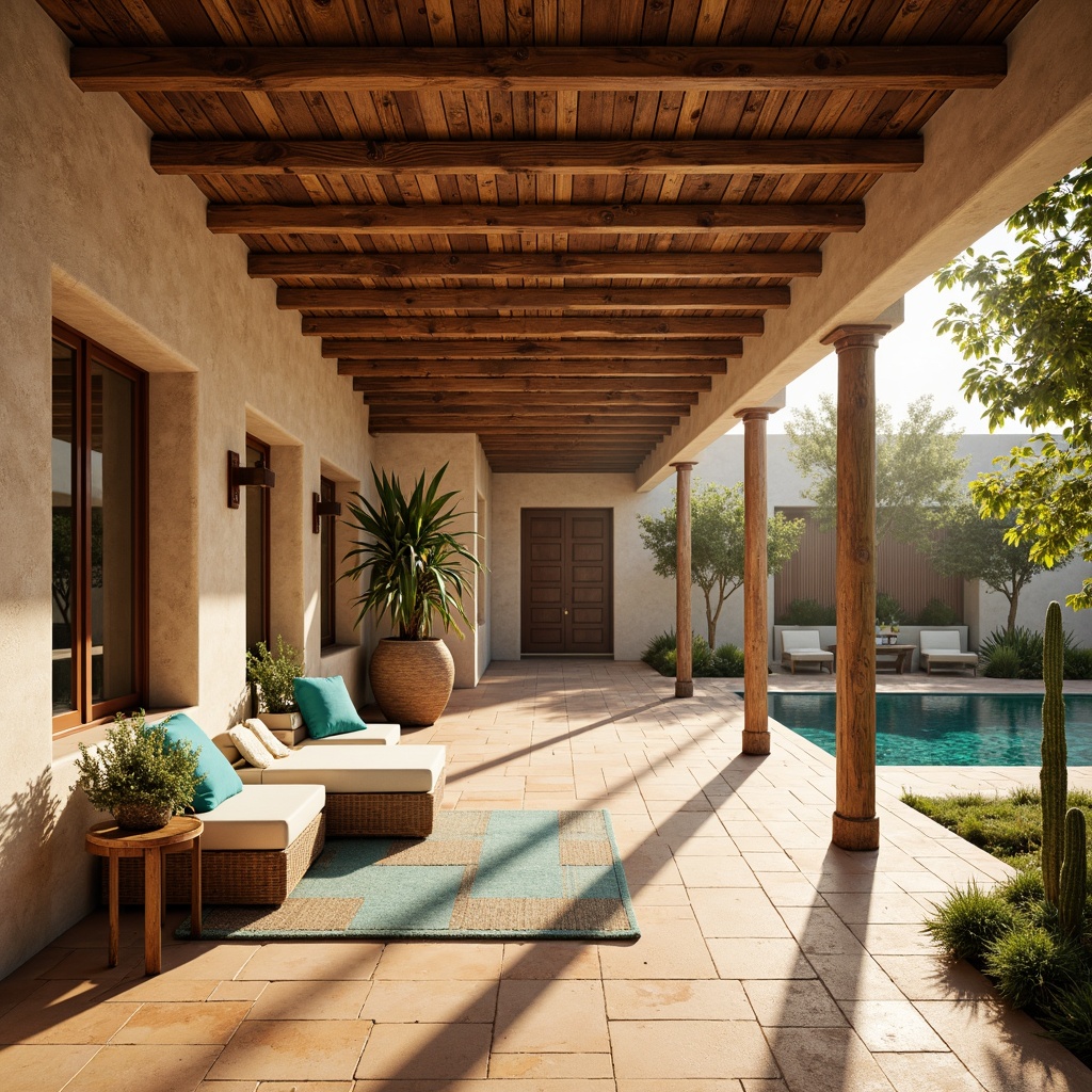 Prompt: Adobe-style hacienda, earthy tones, natural stone walls, wooden beams, clay tile roofs, vibrant turquoise accents, spacious courtyards, lush cacti gardens, open-air corridors, minimalist furniture, woven textiles, geometric patterns, warm sandy floors, large windows, sliding glass doors, panoramic views, soft golden lighting, shallow depth of field, 3/4 composition, realistic textures, ambient occlusion.