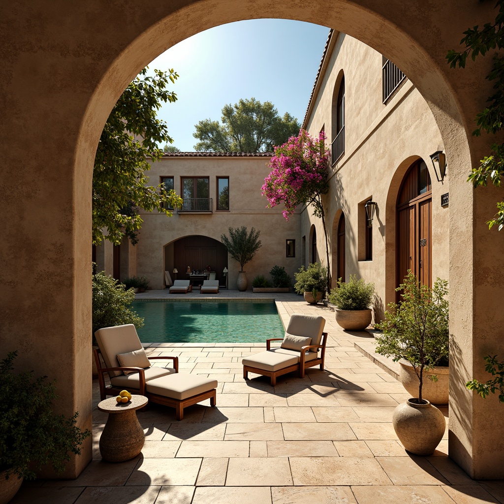 Prompt: Warm Mediterranean villa, textured stone walls, curved archways, ornate ironwork, vibrant bougainvillea flowers, turquoise waters, sunny afternoon, soft warm lighting, shallow depth of field, 1/1 composition, intimate courtyard, rustic wooden doors, distressed wood accents, ceramic tile flooring, natural linen fabrics, woven wicker furniture, lush greenery, olive trees, lemons, romantic ambiance, atmospheric misting.