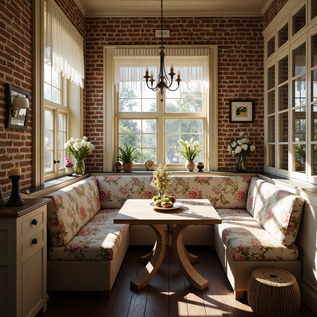 Prompt: Cozy breakfast nook, distressed wood furniture, vintage metal accents, soft pastel colors, lace curtains, floral patterns, rustic brick walls, warm candlelight, plush throw blankets, antique china cabinets, delicate porcelain dishes, woven wicker chairs, natural linen upholstery, botanical prints, morning sunlight, shallow depth of field, 1/1 composition, realistic textures, ambient occlusion.