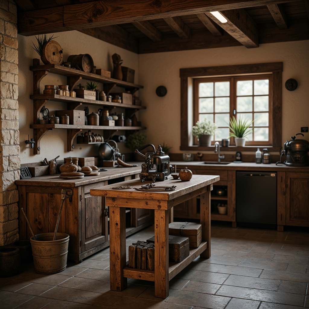 Prompt: Rustic workshop, wooden workbench, distressed finishes, metal vise, wooden tool holders, vintage machinery, earthy color palette, natural stone flooring, exposed brick walls, wooden crates, antique tools, leather apron, warm soft lighting, shallow depth of field, 1/2 composition, realistic textures, ambient occlusion.