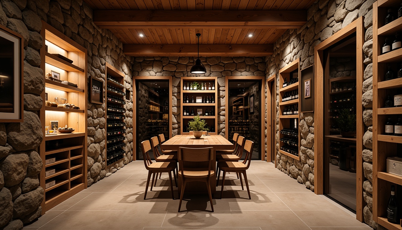 Prompt: Climate-controlled wine cellar, rustic stone walls, wooden wine racks, dimmed LED lighting, temperature sensors, humidistats, air purification systems, insulated glass doors, modern minimalist design, earthy color palette, rich wood tones, subtle ambient noise, soft warm glow, shallow depth of field, 1/1 composition, realistic textures, ambient occlusion.