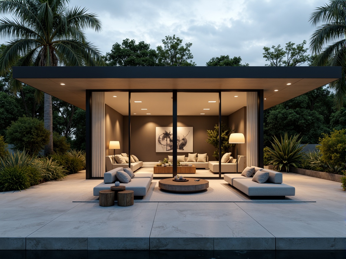 Prompt: Minimalist pavilion, sleek glass walls, sliding doors, polished concrete floors, modern furniture, low-profile sofas, geometric-shaped coffee tables, ambient floor lamps, lush greenery, natural textiles, abstract artwork, subtle color palette, warm soft lighting, shallow depth of field, 3/4 composition, panoramic view, realistic textures, ambient occlusion.