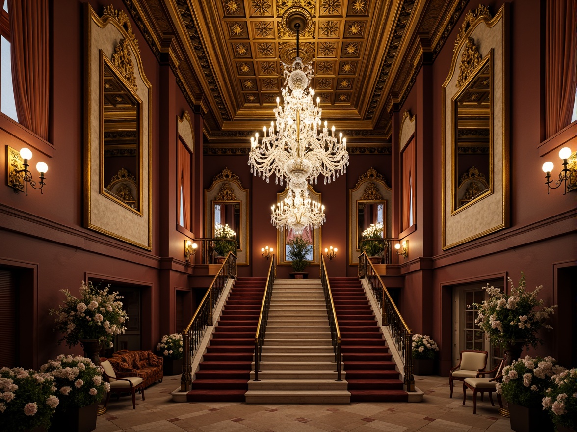 Prompt: Ornate chandeliers, crystal droplets, bronze metalwork, intricate filigree patterns, vintage candle lamps, rich wood tones, opulent velvet drapes, lavish flower arrangements, grand staircases, ornamental mirrors, warm golden lighting, soft warm glow, ambient occlusion, 1/1 composition, realistic textures, detailed renderings.