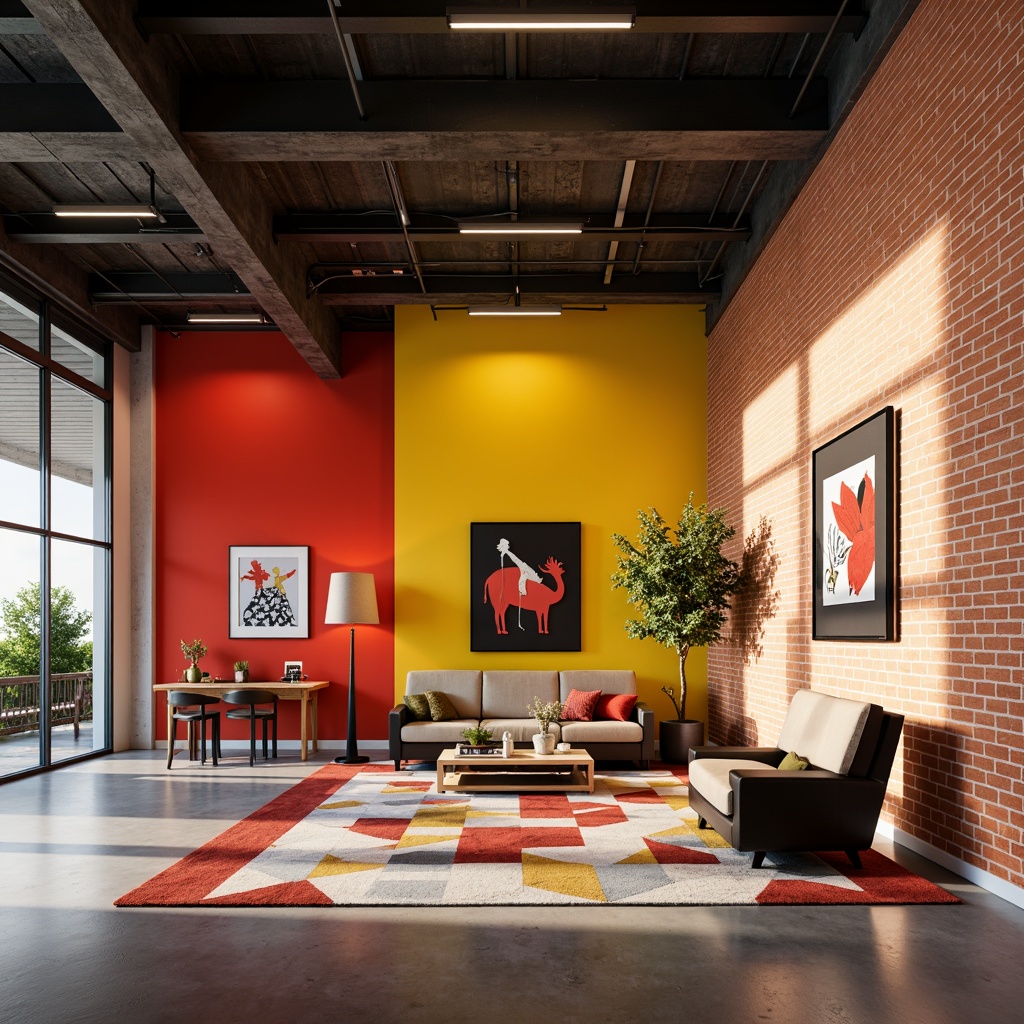 Prompt: Vibrant Bauhaus interior, bold primary colors, geometric shapes, industrial materials, exposed brick walls, steel beams, polished concrete floors, minimalist furniture, tubular chairs, sleek coffee tables, modernist art pieces, graphic textiles, abstract patterns, warm task lighting, softbox shadows, shallow depth of field, 1/1 composition, realistic reflections.