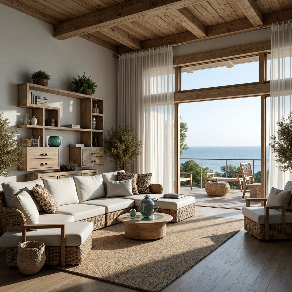 Prompt: Driftwood accent walls, weathered wooden floors, natural jute rugs, plush sectional sofas, linen-upholstered armchairs, coral-inspired coffee tables, glass-top consoles, nautical-themed decorative accents, vintage fishing nets, distressed wood shelving, soft blue-green color palette, calming ocean views, abundant natural light, sheer white curtains, woven sea grass baskets, recycled glass pendant lights, organic shape decorations, beachy textures, warm sunny day, shallow depth of field, 1/2 composition, panoramic view.