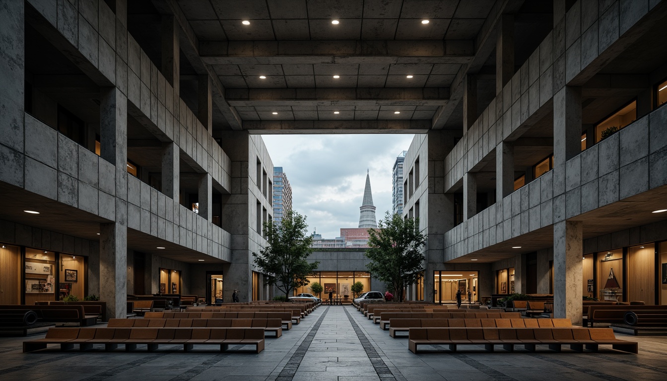 Prompt: Rugged concrete auditorium, brutalist architecture, steeply pitched roof, exposed ductwork, raw industrial materials, bold geometric shapes, stepped seating arrangement, wooden benches, minimalist design, cold harsh lighting, dramatic shadows, high-contrast textures, cinematic atmosphere, grand scale, imposing pillars, monumental entrance, urban cityscape backdrop, overcast sky, dramatic spotlighting, low-angle composition, symmetrical framing.