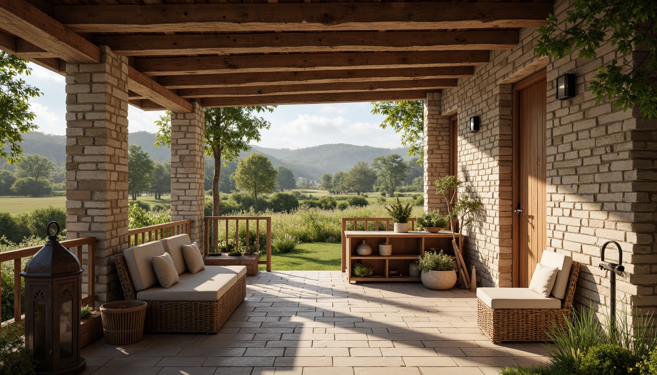 Prompt: Distressed wooden beams, vintage metal lanterns, natural stone walls, earthy color palette, exposed brick accents, reclaimed wood furniture, antique farmhouse tools, potted greenery, woven baskets, linen textiles, soft warm lighting, shallow depth of field, 3/4 composition, rustic country landscape, rolling hills, wildflower fields, sunny afternoon, realistic textures, ambient occlusion.