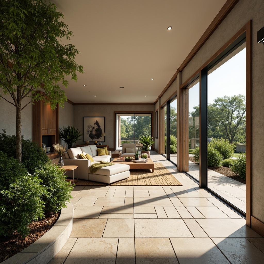 Prompt: Spacious open-plan living area, sliding glass doors, seamless indoor-outdoor transition, lush greenery, natural stone flooring, wooden accents, minimalist decor, abundant natural light, warm sunny day, soft diffused lighting, 1/1 composition, shallow depth of field, realistic textures, ambient occlusion.