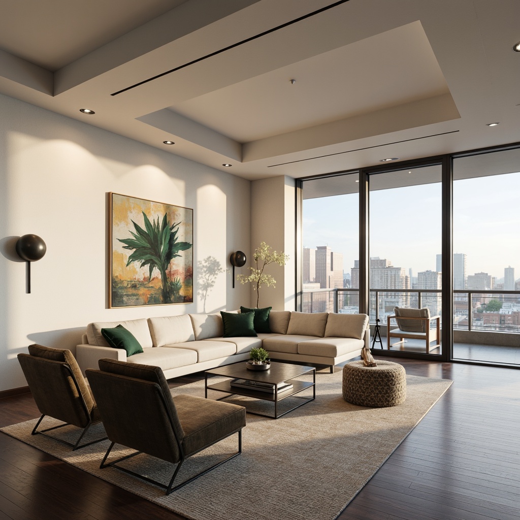 Prompt: Minimalist living room, sleek low-profile furniture, polished chrome accents, creamy white walls, dark hardwood floors, geometric patterned rugs, floor-to-ceiling windows, sliding glass doors, urban cityscape views, soft warm lighting, shallow depth of field, 3/4 composition, panoramic view, realistic textures, ambient occlusion, modern abstract artwork, greenery accents, industrial-chic decorative elements, luxurious velvet upholstery, Scandinavian-inspired design, functional storage solutions.