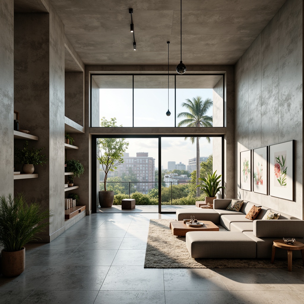 Prompt: Minimalist living room, floor-to-ceiling windows, sliding glass doors, natural stone floors, polished concrete walls, industrial-chic decor, pendant lighting fixtures, built-in shelving units, cozy reading nooks, comfortable sectional sofas, abstract artwork, lush greenery, modern botanical prints, airy atmosphere, soft diffused lighting, 1/1 composition, realistic textures, ambient occlusion, urban cityscape views, bustling street life, morning sunlight, gentle breeze.