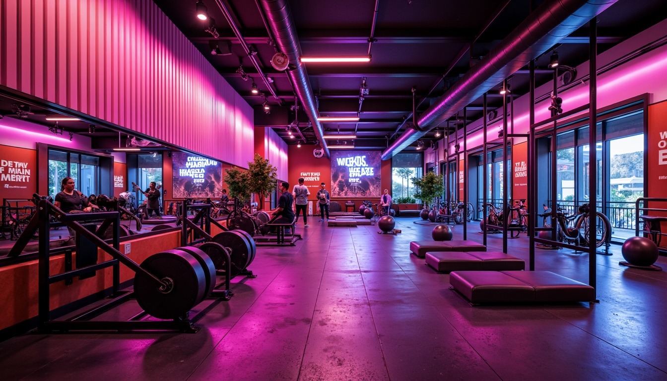 Prompt: Vibrant fitness club, energetic atmosphere, bold color scheme, neon accents, motivational quotes, modern equipment, sleek metal frames, rubber flooring, mirrored walls, high ceilings, natural light, urban loft architecture, industrial chic design, dynamic lighting, 3/4 composition, shallow depth of field, realistic textures, ambient occlusion.