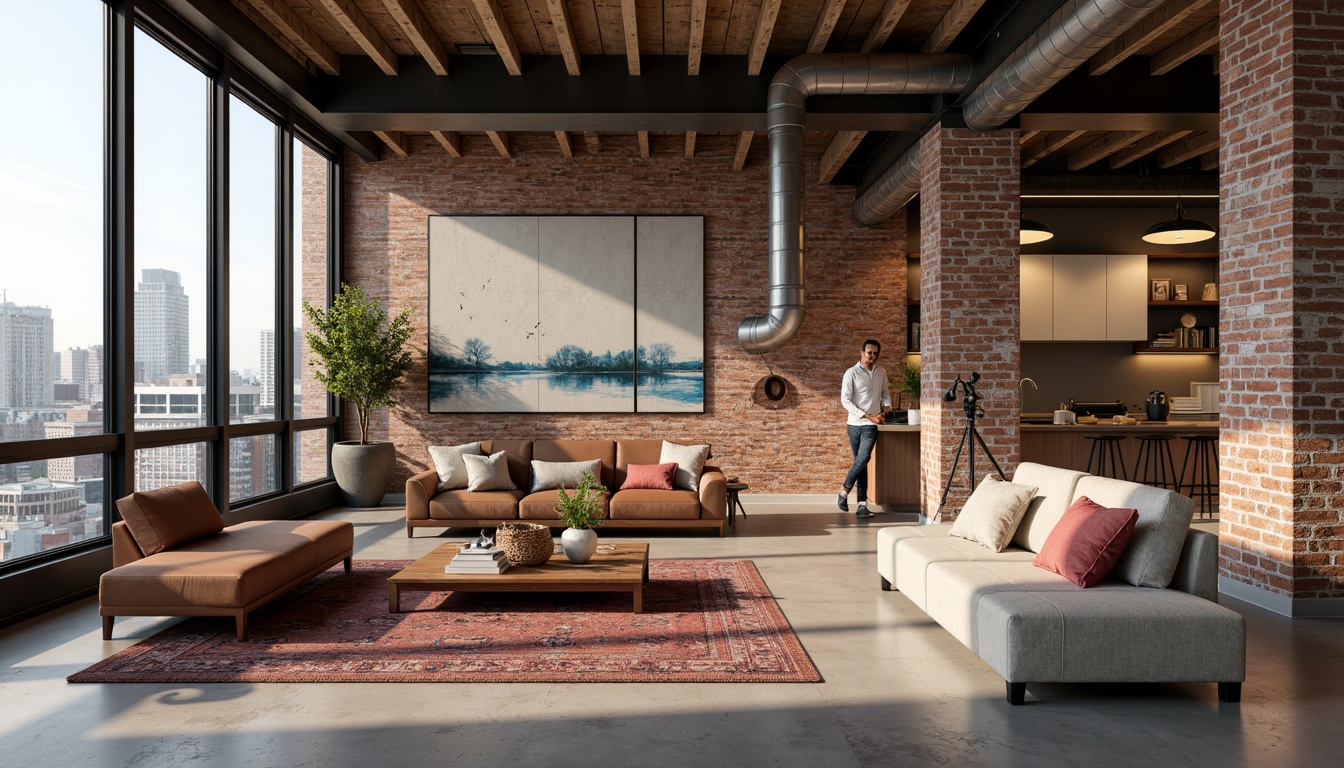 Prompt: Industrial chic loft interior, exposed brick walls, metal beams, reclaimed wood accents, minimalist decor, neutral color palette, warm beige tones, rich charcoal grays, deep blues, vibrant coral pops, natural textiles, distressed leather sofas, sleek low-profile furniture, urban skyline views, floor-to-ceiling windows, soft warm lighting, 1/1 composition, realistic materials, atmospheric ambient occlusion.