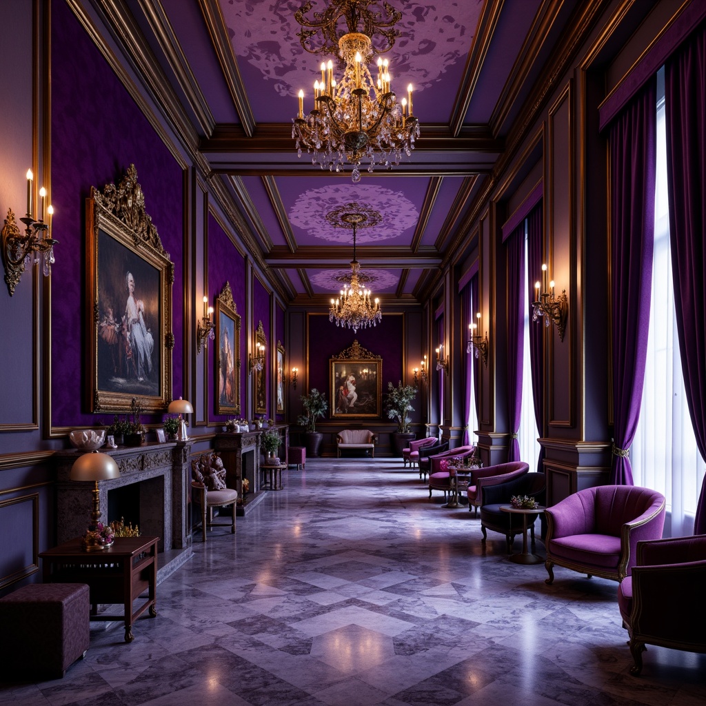 Prompt: Rich purple amethyst accents, luxurious velvet fabrics, regal crown molding, ornate golden frames, lavish crystal chandeliers, opulent marble floors, mystical spiritual ambiance, dim warm lighting, shallow depth of field, 1/1 composition, realistic textures, ambient occlusion.