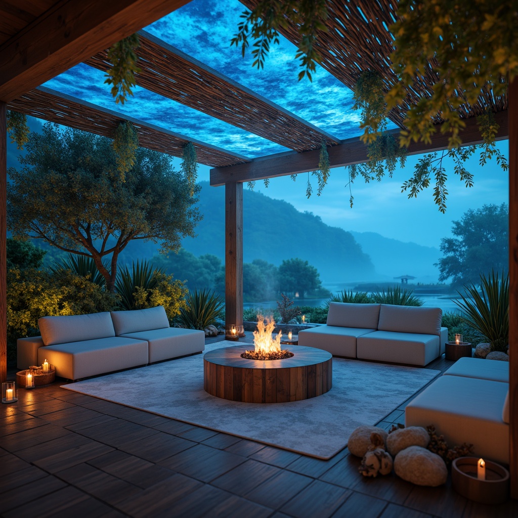 Prompt: Soft warm glow, ocean-inspired color palette, wave-like LED strips, driftwood accents, beachy textures, nautical ropes, calming blue hues, misty atmospheric lighting, warm white spotlights, cinematic ambiance, intimate seating areas, subtle shimmer effects, gentle fading transitions, 1/1 composition, shallow depth of field, realistic fabric simulations, ambient occlusion.