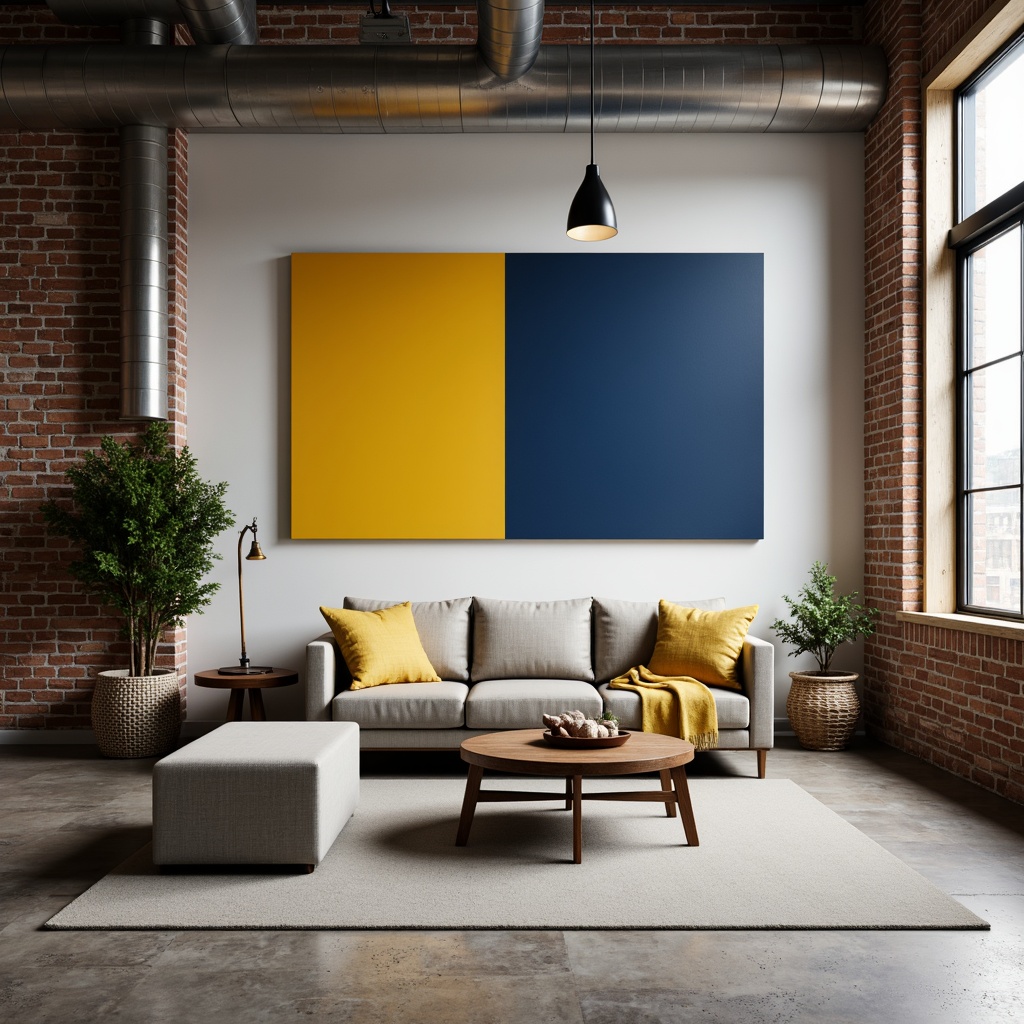 Prompt: Monochromatic color scheme, primary colors, bold geometric shapes, industrial materials, exposed brick walls, polished metal accents, sleek wooden furniture, minimalist decor, functional design, emphasis on simplicity, clean lines, rectangular forms, neutral background, pops of bright colors, warm beige tones, deep blue hues, vibrant yellow accents, modernist aesthetic, urban loft atmosphere, natural light pouring in, low-angle photography, shallow depth of field, 1/1 composition.