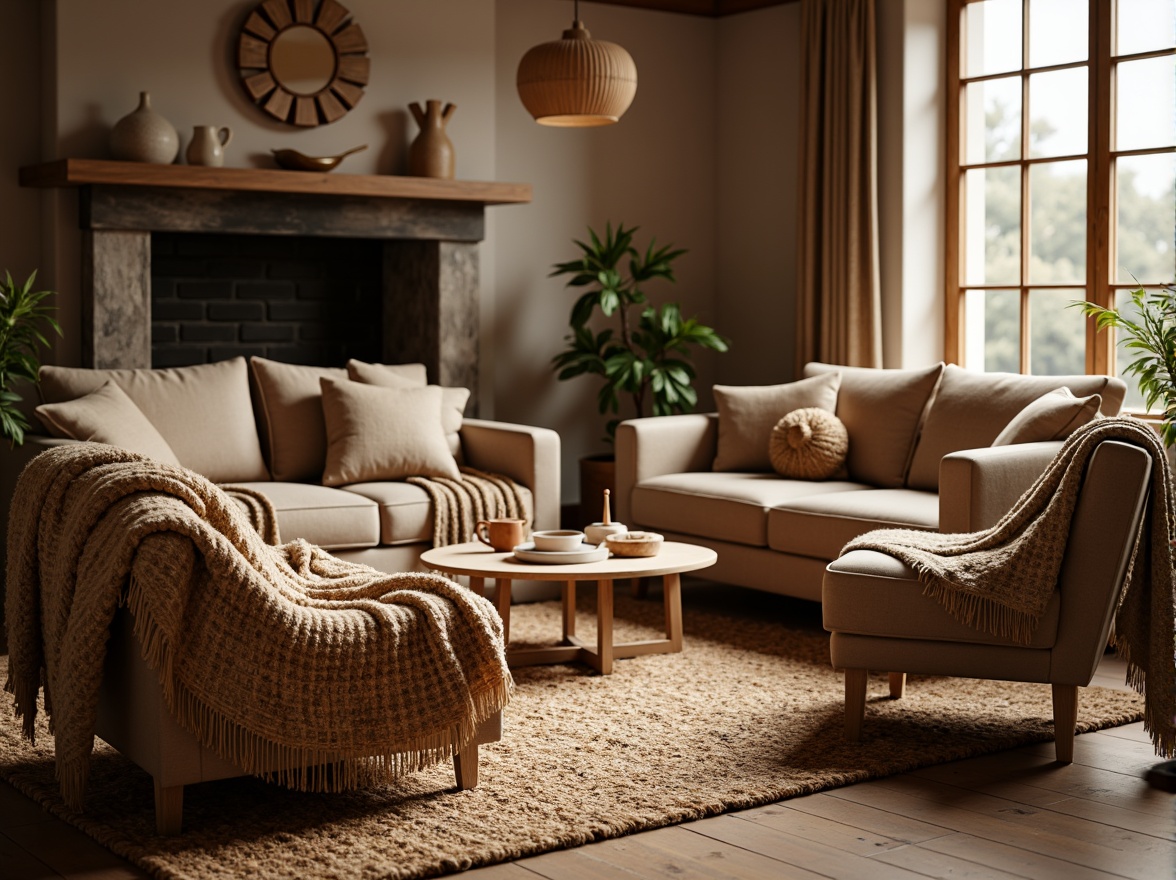 Prompt: Cozy living room, plush throw blankets, soft velvet sofas, chunky knit pillows, woven jute rugs, natural fiber armchairs, tactile linen upholstery, earthy color palette, warm ambient lighting, shallow depth of field, 1/1 composition, realistic fabric textures, ambient occlusion.