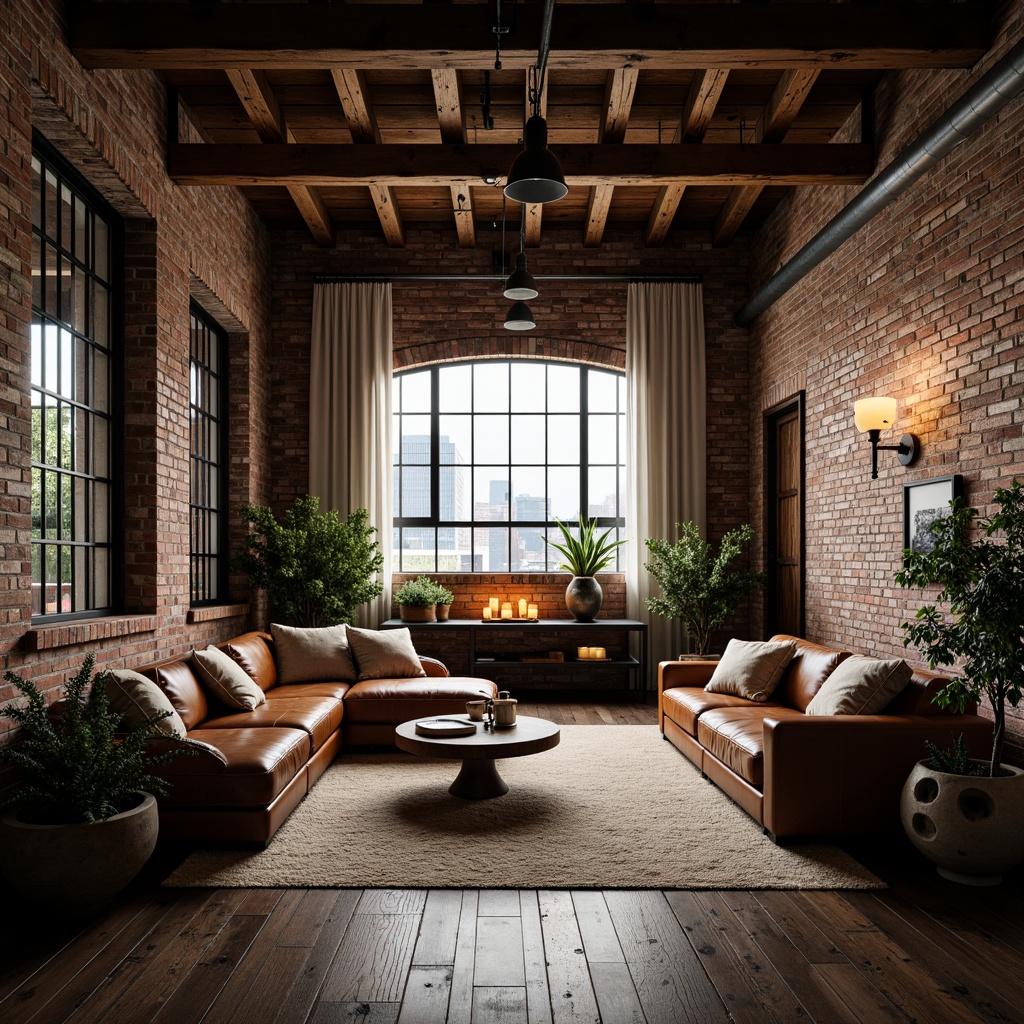 Prompt: Exposed brick walls, reclaimed wood flooring, industrial metal beams, vintage factory windows, distressed leather furniture, ornate metalwork, rich velvet fabrics, warm candle lighting, soft natural textiles, earthy color palette, urban loft atmosphere, high ceilings, open floor plans, eclectic decorative accents, modern minimalist touches, cozy reading nooks, dramatic cityscape views, cinematic low-key lighting, 1/1 composition, shallow depth of field, realistic renderings.