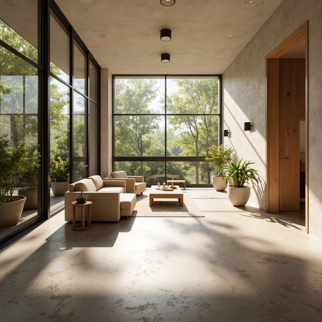 Prompt: Clean-lined minimalist interior, abundant natural light, floor-to-ceiling windows, sliding glass doors, polished concrete floors, sleek low-profile furniture, subtle texture contrasts, warm beige color palette, airy open spaces, greenery accents, potted plants, industrial-chic lighting fixtures, soft warm glow, shallow depth of field, 1/1 composition, realistic material reflections, ambient occlusion.