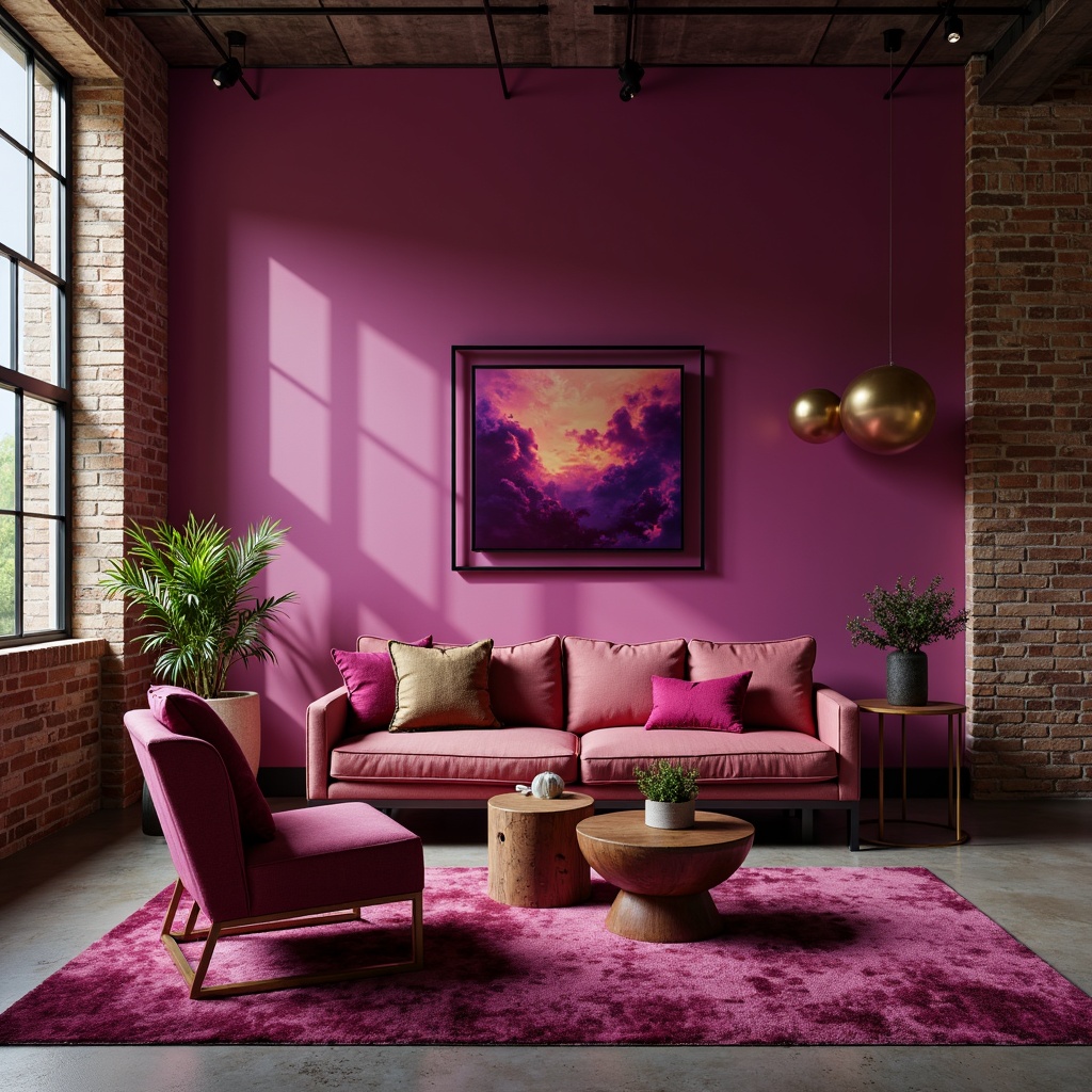 Prompt: Vibrant magenta accent walls, bold modern furniture, sleek metallic frames, rich velvety fabrics, luxurious golden lighting fixtures, statement art pieces, urban loft atmosphere, exposed brick details, polished concrete floors, minimalist decor, industrial chic vibe, dramatic shadows, warm ambient glow, 1/2 composition, cinematic depth of field.