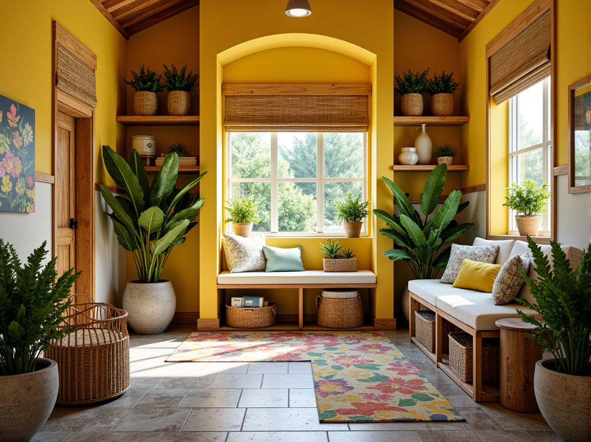 Prompt: Vibrant mudroom, tropical plants, woven rattan furniture, natural fiber rugs, reclaimed wood accents, colorful ceramic tiles, woven baskets, coastal-inspired decor, sunny yellow walls, distressed wood shelves, beachy signage, natural stone floors, wicker storage benches, tropical leaf patterns, ocean breeze-inspired color palette, soft warm lighting, shallow depth of field, 3/4 composition, panoramic view, realistic textures, ambient occlusion.