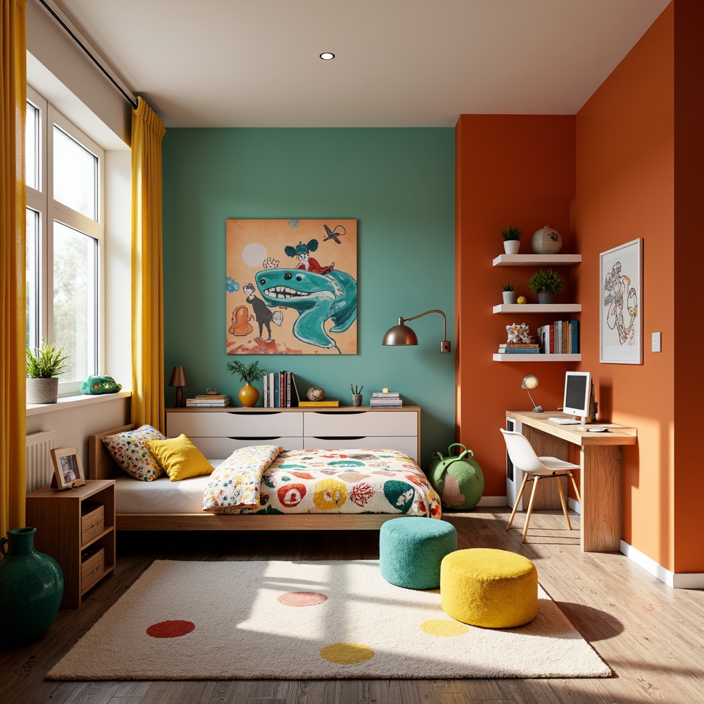 Prompt: Vibrant kids' bedroom, modern furniture pieces, bold color schemes, whimsical wall art, plush area rugs, minimalist storage units, sleek wooden beds, curved desk designs, ergonomic chairs, colorful ottomans, funky patterned bedding, soft warm lighting, shallow depth of field, 1/1 composition, realistic textures, ambient occlusion.