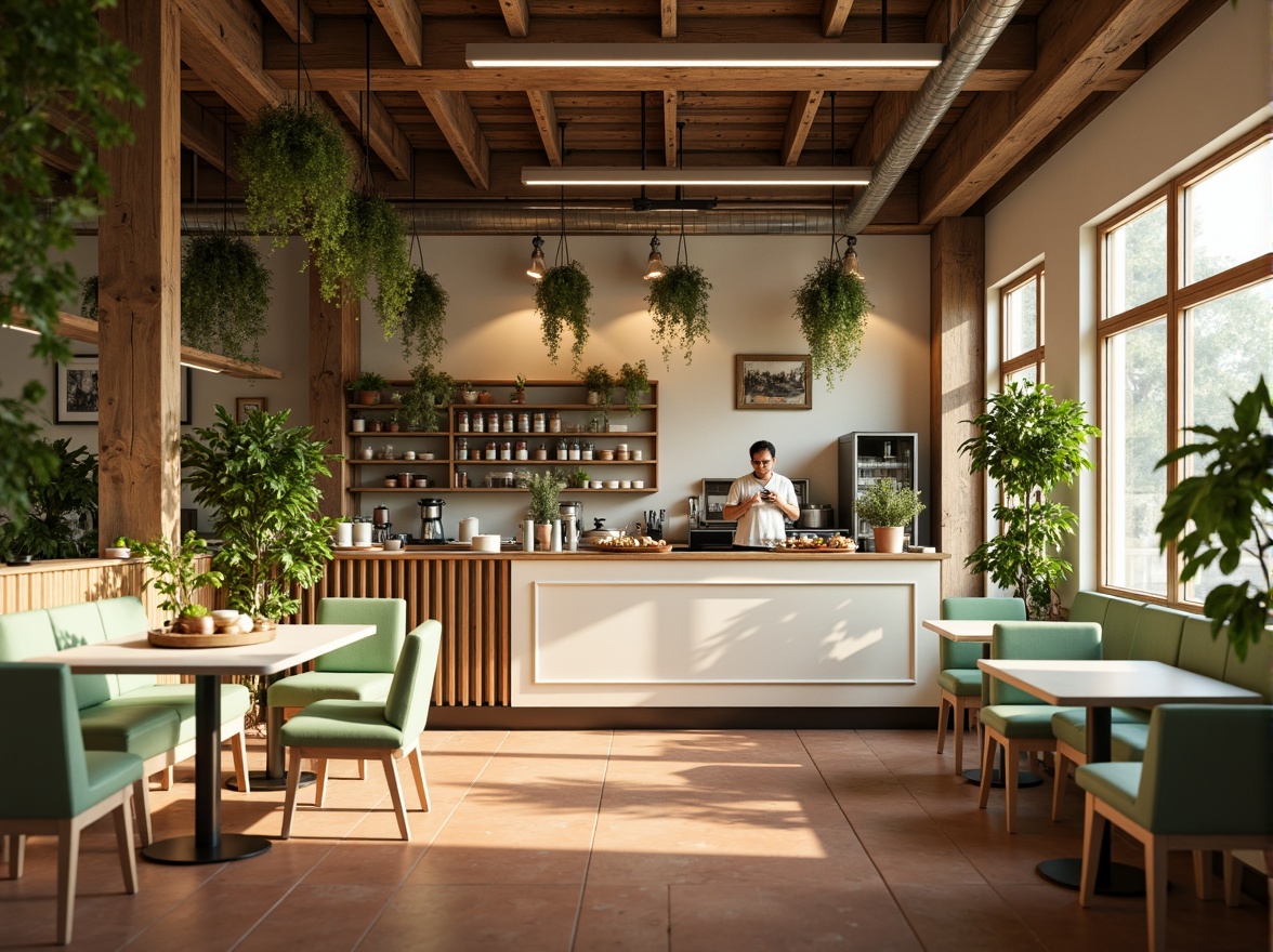 Prompt: \Celadon coffee shop interior, warm beige walls, natural wood accents, soft mint green furniture, creamy white countertops, earthy terracotta flooring, lush greenery, hanging plants, industrial metal lighting, cozy atmosphere, morning sunlight, shallow depth of field, 1/1 composition, realistic textures, ambient occlusion.\