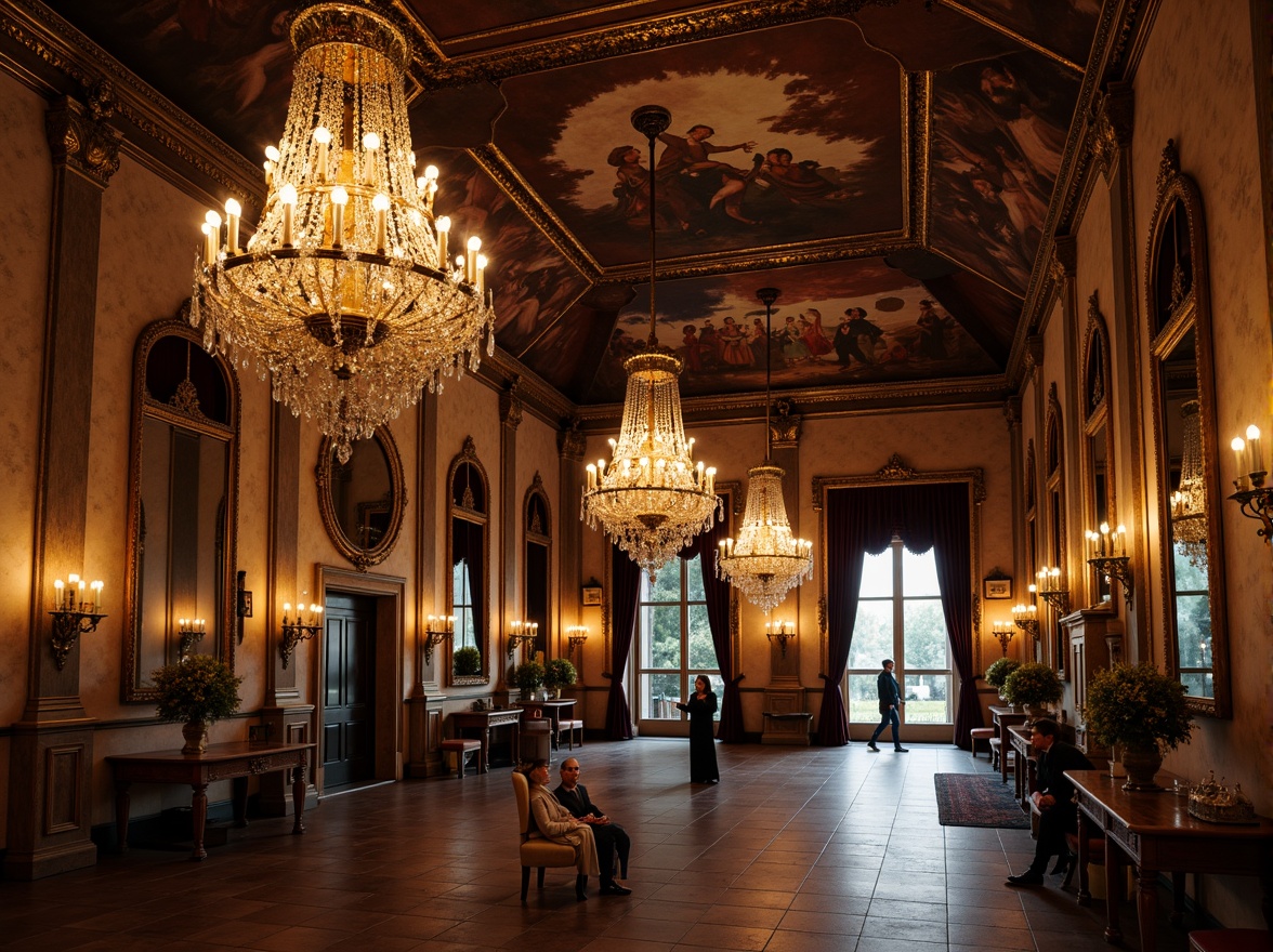 Prompt: Ornate chandeliers, crystal droplets, golden accents, intricate metalwork, grand ballrooms, luxurious drapery, velvet fabrics, ornamental mirrors, decorative frescoes, high ceilings, classic archways, rustic stone walls, warm candlelight, soft warm glow, ambient illumination, dramatic shadows, 1/1 composition, realistic reflections, detailed textures.