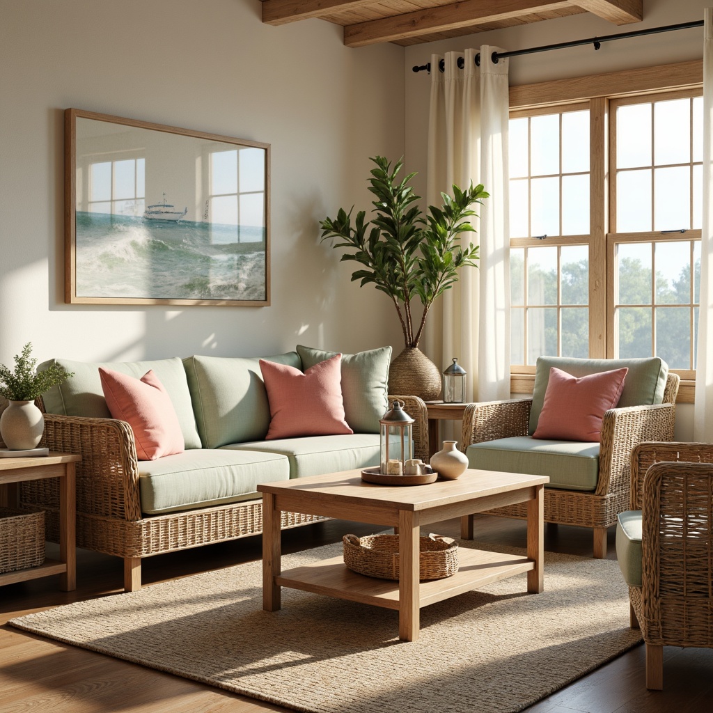 Prompt: Calming coastal cottage, soft sandy beige walls, driftwood grey accents, seafoam green upholstery, coral pink throw pillows, natural jute rugs, woven wicker furniture, distressed wood floors, vintage nautical decor, rustic metal lanterns, ocean-inspired artwork, serene misty mornings, warm golden lighting, shallow depth of field, 1/1 composition, realistic textures, ambient occlusion.