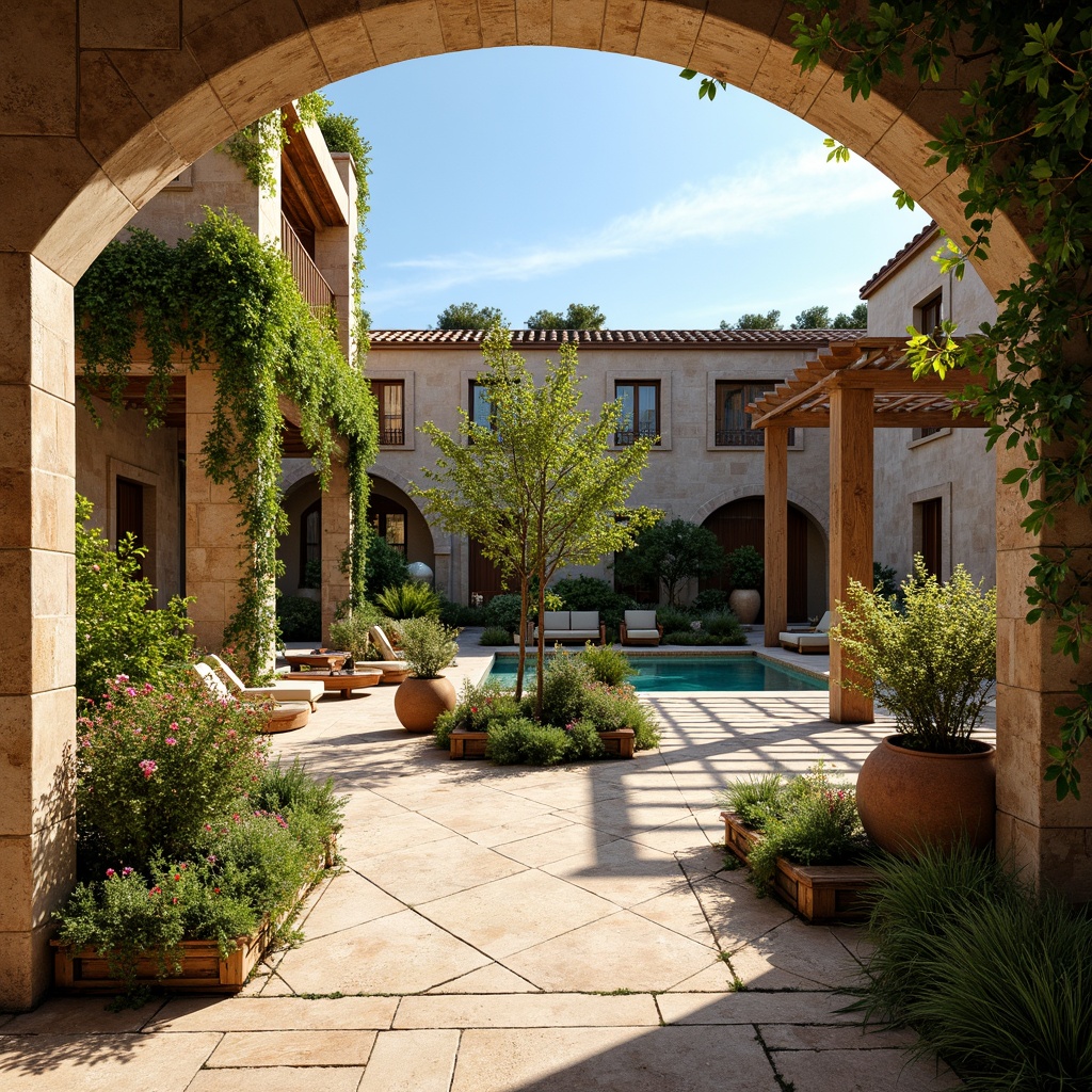 Prompt: Warm Mediterranean courtyard, lush greenery, blooming flowers, rustic stone walls, curved archways, wooden accents, natural materials, earthy color palette, soft warm lighting, shallow depth of field, 1/1 composition, intimate atmosphere, tranquil ambiance, outdoor furniture, pergolas, trellises, climbing vines, scenic views, turquoise pool waters, sunny day, clear blue sky, gentle breeze, realistic textures, ambient occlusion.