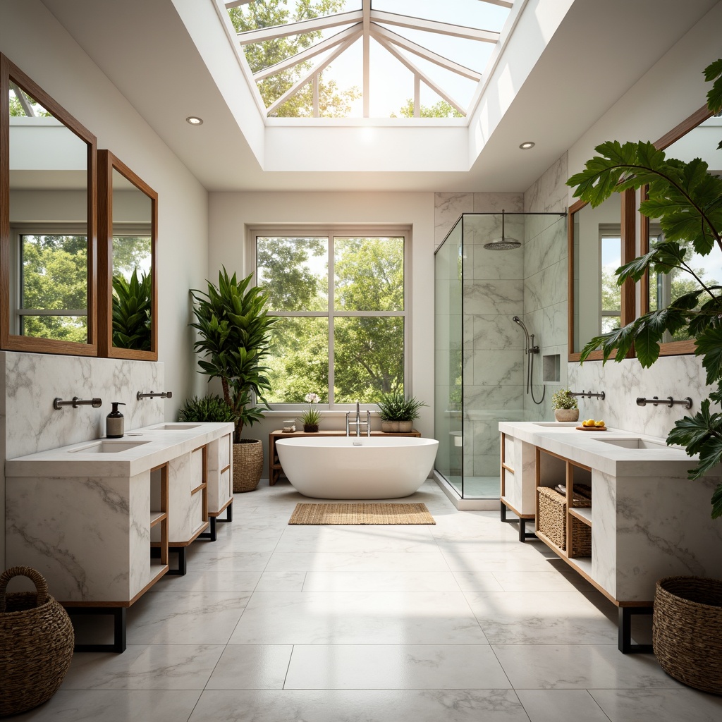 Prompt: Vibrant bathroom interior, large skylight, soft warm natural light, white marble countertops, polished chrome fixtures, glass shower doors, freestanding tub, LED ambient lighting, wall-mounted cabinets, decorative mirrors, porcelain floor tiles, greenery plants, morning sunlight, shallow depth of field, 1/1 composition, realistic textures, subtle shadows.