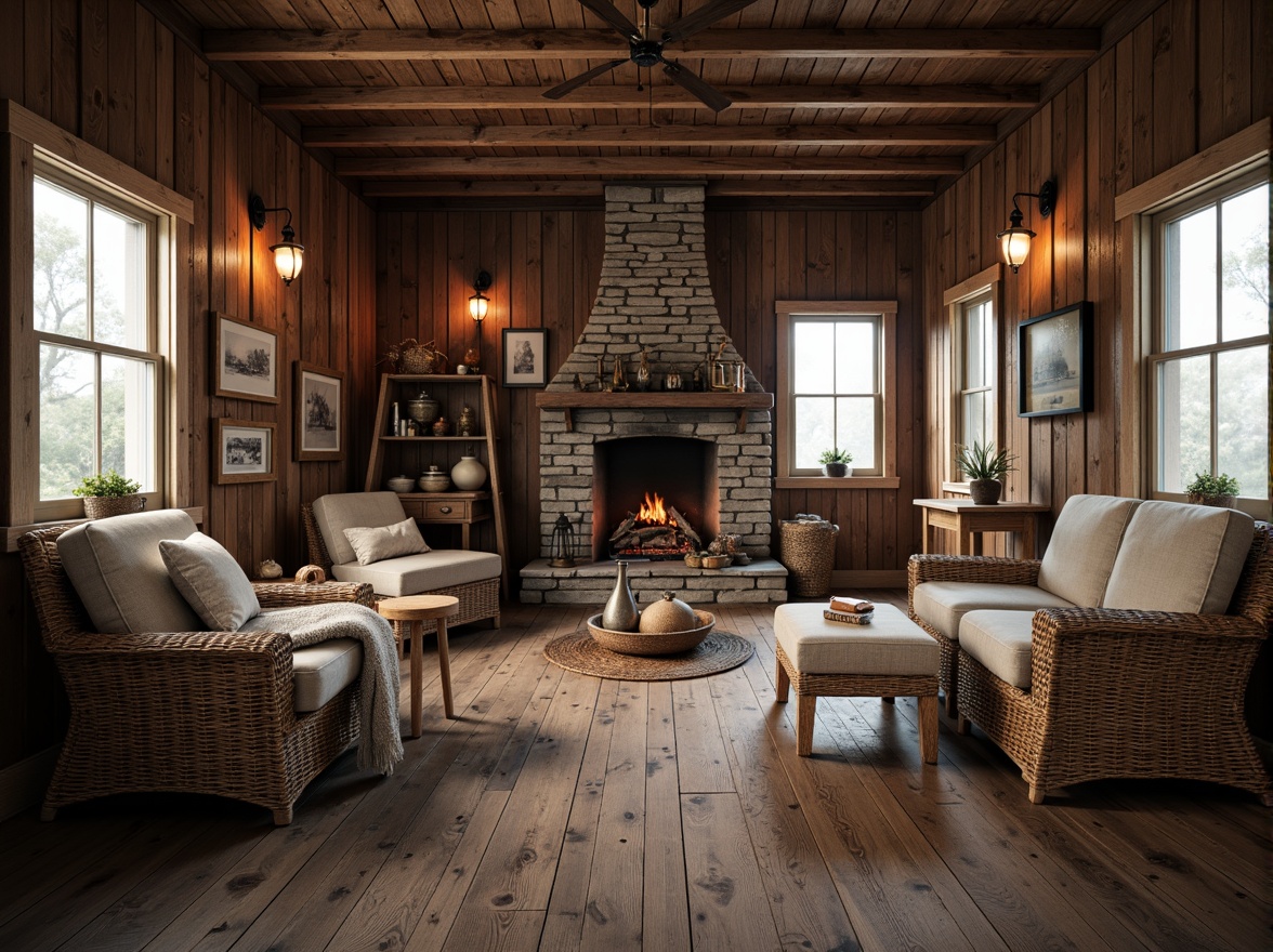 Prompt: Rustic boathouse interior, wooden planks, distressed textures, nautical themed decor, vintage fishing nets, antique lanterns, woven wicker furniture, soft warm lighting, shallow depth of field, 3/4 composition, natural stone fireplace, earthy color palette, organic materials, cozy atmosphere, lake house vibes, morning mist, soft focus, realistic render.