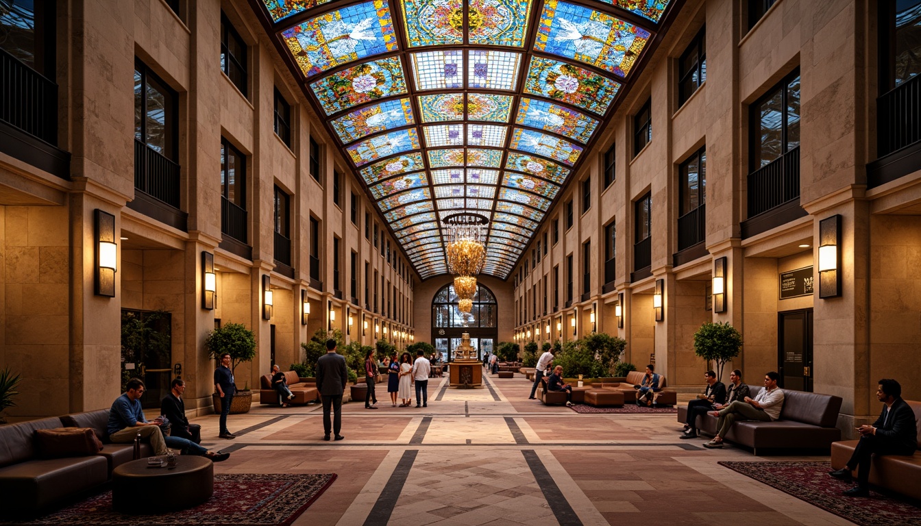 Prompt: Vibrant student hall interior, stunning stained glass ceiling, kaleidoscope colors, geometric patterns, ornate details, rich textures, warm ambient lighting, cozy atmosphere, comfortable seating areas, wooden furniture, plush carpets, modern architecture, minimalist decor, natural stone walls, dramatic archways, elegant chandeliers, soft diffused light, shallow depth of field, 1/1 composition, realistic reflections, subtle color grading.