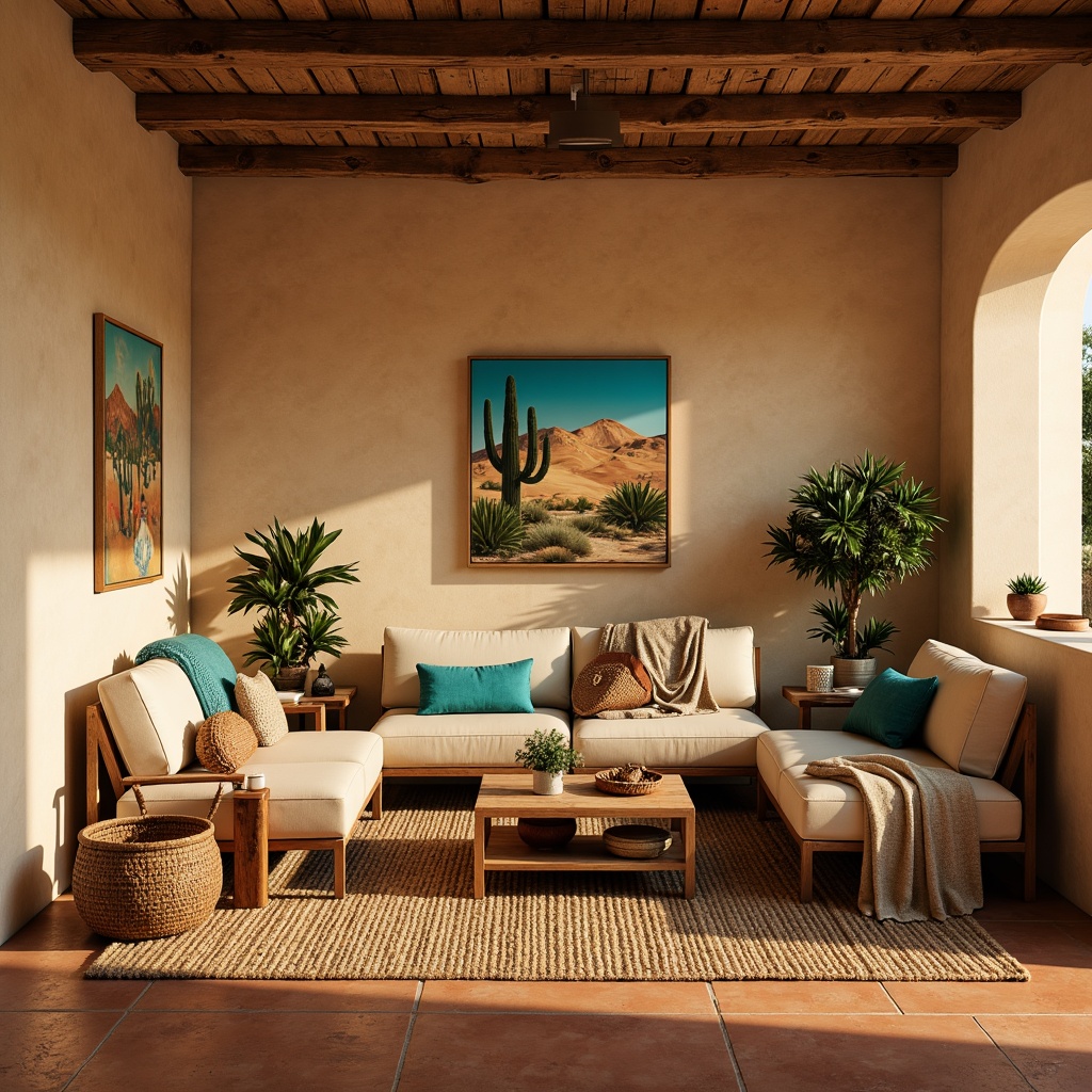 Prompt: \Earthy southwestern living room, warm beige walls, terracotta flooring, vibrant turquoise accents, rustic wooden furniture, woven wicker baskets, natural fiber rugs, plush throw blankets, desert-inspired artwork, cacti plants, warm golden lighting, soft focus, shallow depth of field, 2/3 composition, cozy atmosphere, realistic textures, ambient occlusion.\