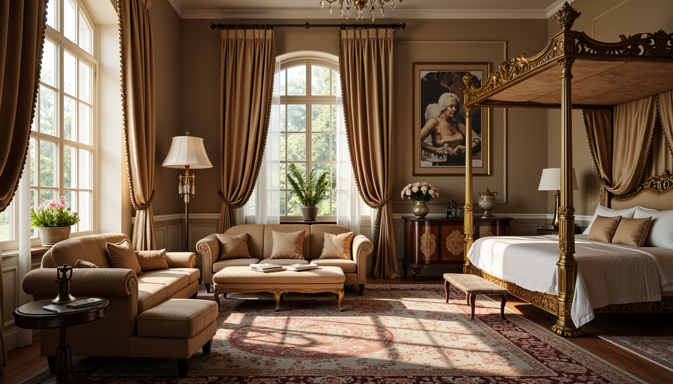 Prompt: Luxurious velvet sofas, intricately carved wooden armchairs, ornate golden frames, plush cushions, richly patterned rugs, antique vases, crystal chandeliers, majestic four-poster beds, lavish drapery, heavy silk curtains, opulent marble tabletops, refined Louis XVI style, subtle Rococo influences, warm beige color palette, soft warm lighting, shallow depth of field, 2/3 composition, realistic textures, ambient occlusion.