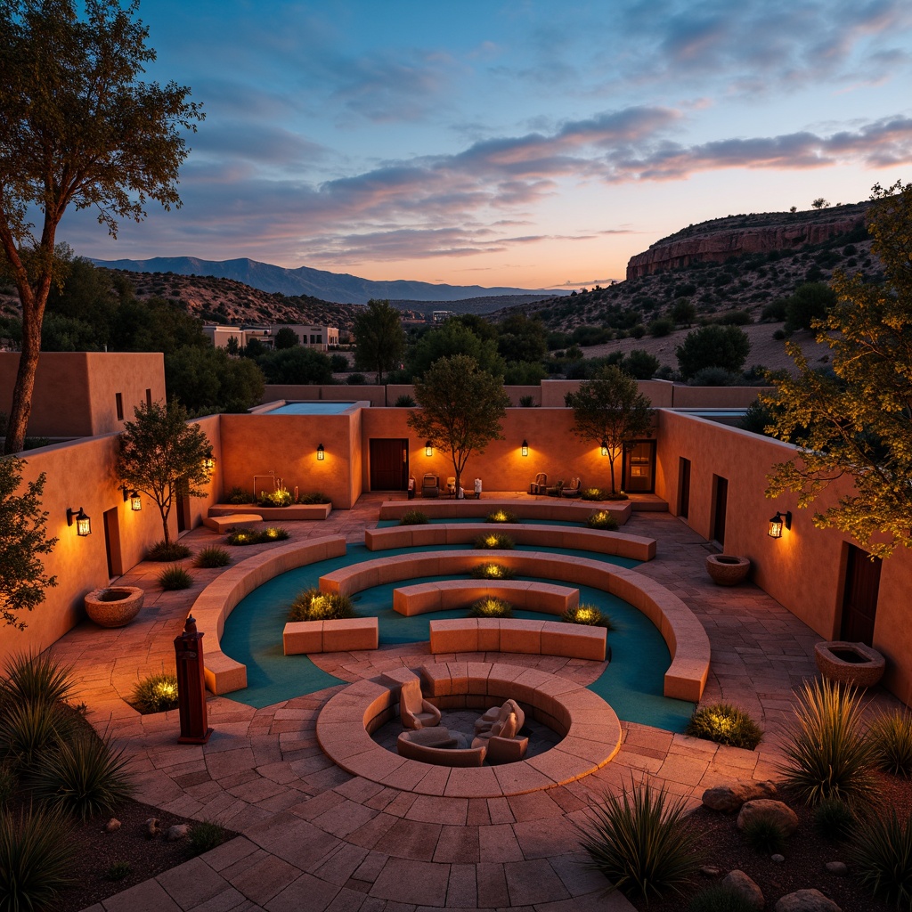 Prompt: Warm southwestern sunset, rustic stone seating, curved amphitheater design, vibrant turquoise accents, earthy terracotta tones, soft warm lighting, lantern-style light fixtures, candles and torches, starry night sky, gentle breeze, desert flora, cactus silhouettes, sandy pathways, adobe-inspired architecture, natural rock formations, intimate performance spaces, warm beige stonework, subtle shadows, 1/2 composition, dramatic spotlighting, warm color grading.