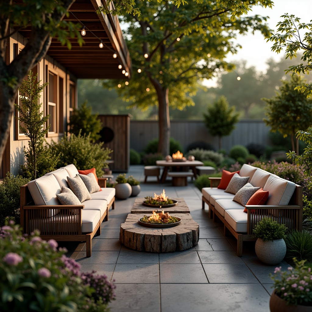 Prompt: Cozy patio, lush greenery, comfortable outdoor seating, weathered wood furniture, plush cushions, vibrant throw pillows, decorative planters, rustic metal accents, natural stone flooring, warm string lights, soft sunset lighting, shallow depth of field, 1/2 composition, intimate atmosphere, realistic textures, ambient occlusion.