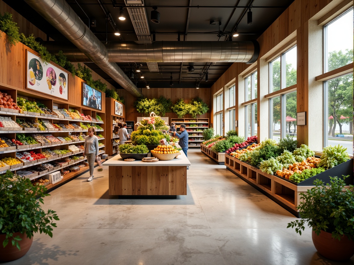 Prompt: Vibrant grocery store, warm beige walls, rich wood accents, fresh green produce stands, colorful fruit displays, inviting signage, modern industrial lighting, polished concrete floors, stainless steel shelving, natural stone countertops, earthy terracotta planters, abundant natural light, soft warm ambiance, shallow depth of field, 1/1 composition, realistic textures, ambient occlusion.